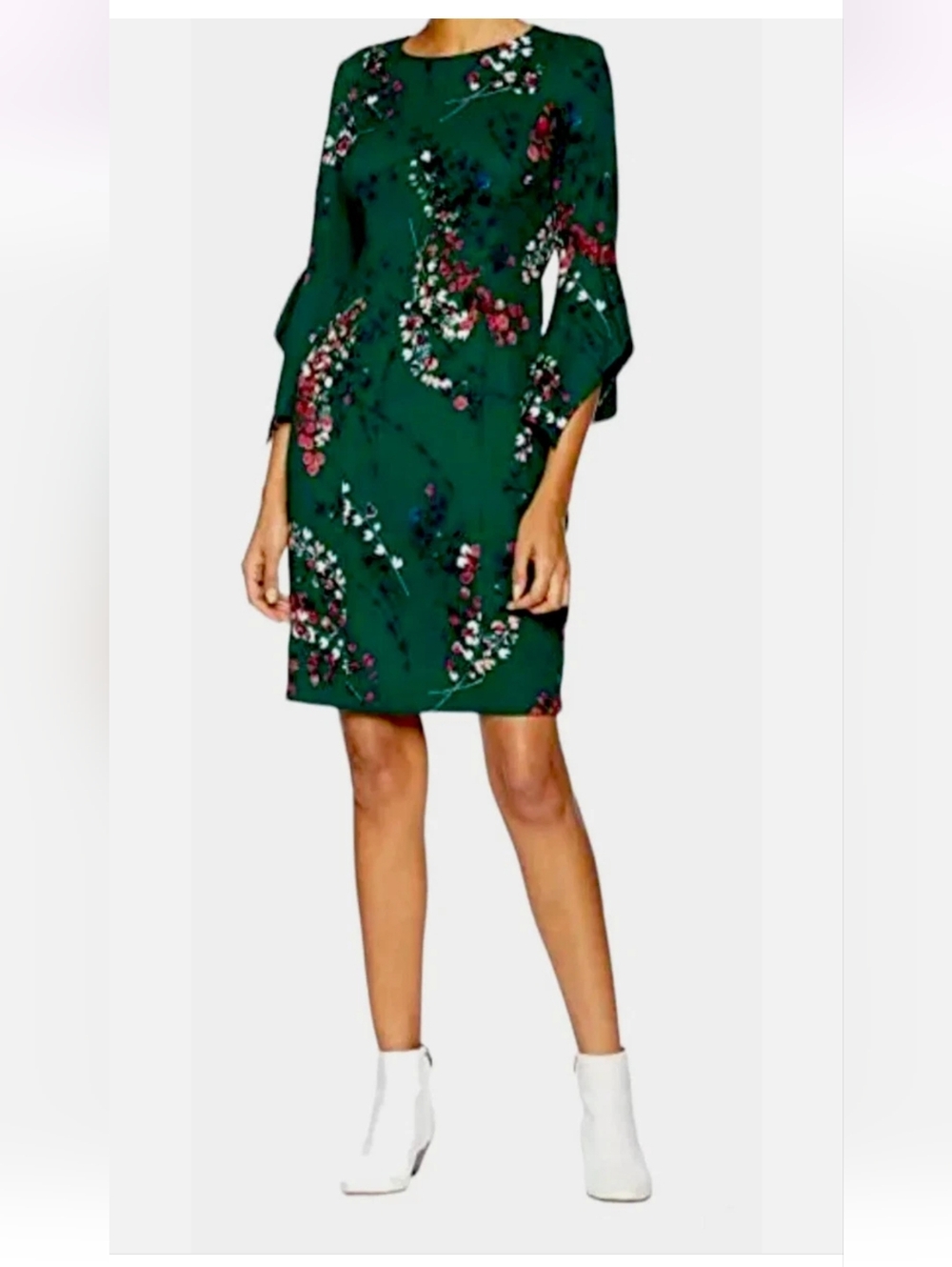 Taylor Green Floral Shift Dress - Long Sleeve Cocktail Dress